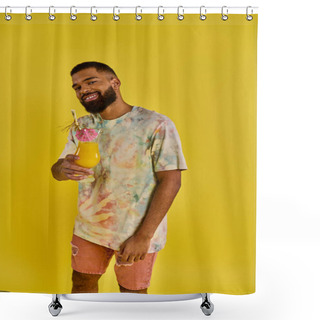 Personality  A Stylish Man In A Tie Dye Shirt Holding A Drink, Adding A Pop Of Color To The Scene With His Vibrant Outfit. Shower Curtains