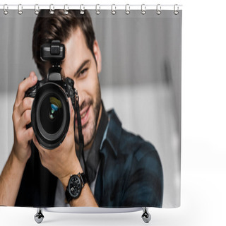 Personality  Smiling Young Man Photographing With Camera In Studio  Shower Curtains