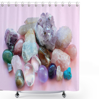 Personality  Tumbled And Rough Gemstones And Crystals Of Various Colors. Amethyst, Rose Quartz, Agate, Apatite, Aventurine, Olivine, Turquoise, Aquamarine, Rock Crystal.  Shower Curtains