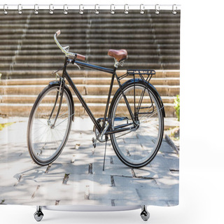 Personality  Close Up View Of Black Retro Bicycle Parked On Street Shower Curtains