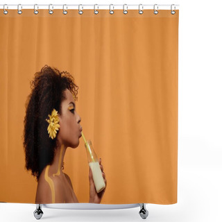 Personality  Young Sensual African American Woman With Artistic Make-up And Gerbera In Hair Drinking Milk From Bottle Isolated On Orange Background Shower Curtains