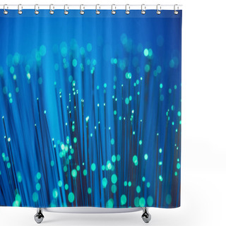 Personality  Close Up Of Shiny Green Fiber Optics On Blue Texture Background Shower Curtains