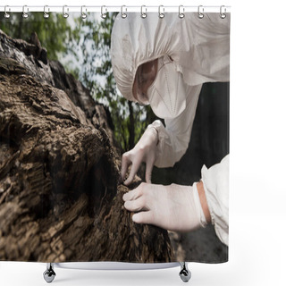 Personality  Ecologist In Respirator, Goggles And Latex Gloves Touching Tree Bark Shower Curtains