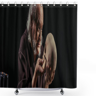 Personality  Medieval Philosopher With Grey Hair Looking At Human Skull Isolated On Black, Banner Shower Curtains
