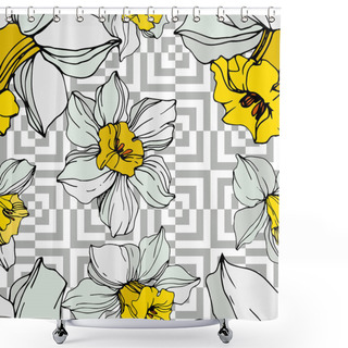 Personality  Vector White And Yellow Narcissus Flowers With Green Leaves. Engraved Ink Art On White Background. Seamless Background Pattern.  Shower Curtains