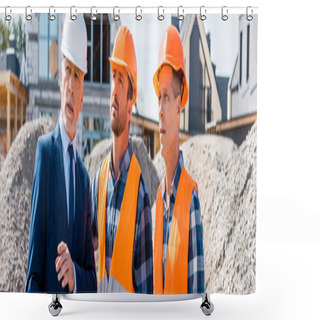 Personality  Constructors In Helmets Standing Near Businessman In Suit And Houses  Shower Curtains