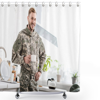 Personality  Smiling Army Soldier Holding Cup Of Coffee In Kitchen Shower Curtains
