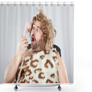 Personality  Ugly Rude Prehistoric Man Talking On The Phone  Shower Curtains