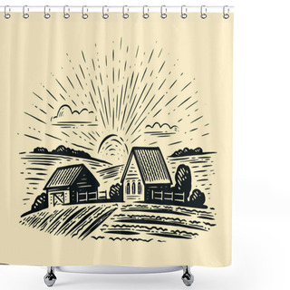 Personality  Village Houses And Farmland In Sketch Style. Rural Natural Landscape With Fields Shower Curtains