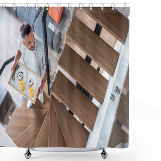 Personality  Overhead View Of Smiling Man With Breakfast On Wooden Tray Walking Up Stairs At Home Shower Curtains