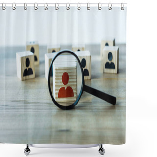 Personality  Selective Focus Of Magnifying Glass Near Cubes On Wooden Desk  Shower Curtains