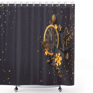 Personality  Christmas Shiny Black Background, New Year, Black Box, Clock,gold Bow, Flying Confetti, Clock, Sparkles, Tinsel, Balls, Heart, Toys, Ball, Serpentine, Garland Illumination, 3D Rendering, Shower Curtains