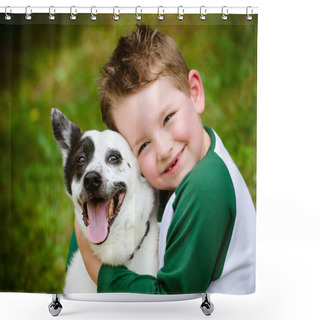 Personality  Child Lovingly Embraces His Pet Dog Shower Curtains