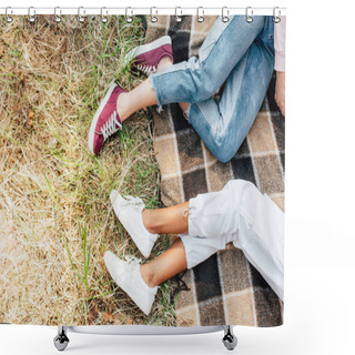 Personality  Top View Of Two Multiethnic Friends Lying On Plaid Blanket On Ground Shower Curtains