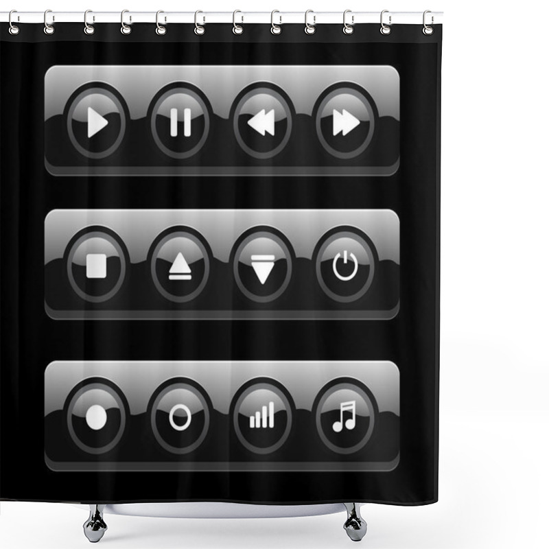 Personality  Black Glossy Round Media Player Buttons Isolated On Background Shower Curtains