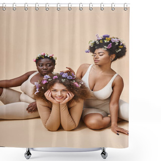Personality  Body Positive Multiethnic Women In Lingerie With Flowers In Hair Sitting On Beige, Natural Beauty Shower Curtains