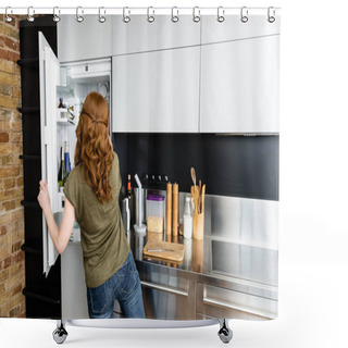 Personality  Back View Of Woman Standing Near Open Fridge In Kitchen  Shower Curtains