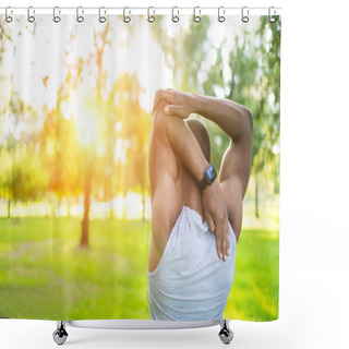 Personality  African American Sportsman Stretching In Park  Shower Curtains