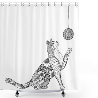 Personality  Small  Kitten And Clew Of Thread. Cat Playing. Zentangle Stylized Cat. Zen Art.  Shower Curtains