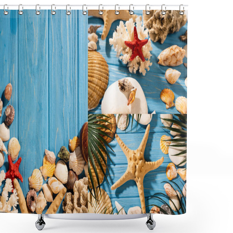 Personality  Top View Of Seashells, Starfishes, Coral And Palm Leaves On Wooden Blue Background, Collage Shower Curtains