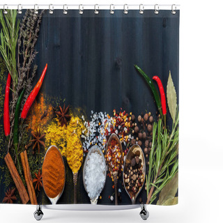 Personality  Set Of Seasonings And Spices On Wooden Blue Background Shower Curtains