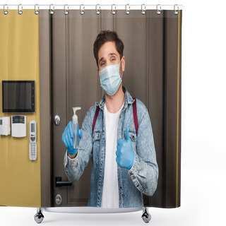 Personality  Man In Medical Mask And Latex Gloves Showing Thumb Up And Holding Hand Sanitizer Near Boor At Home  Shower Curtains