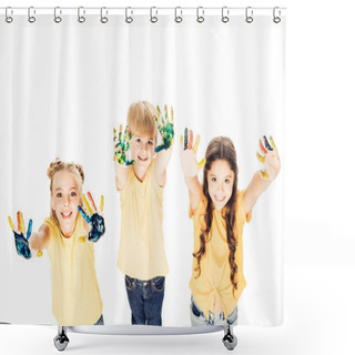 Personality  High Angle View Of Happy Kids Showing Hands In Paint And Smiling At Camera Isolated On White Shower Curtains
