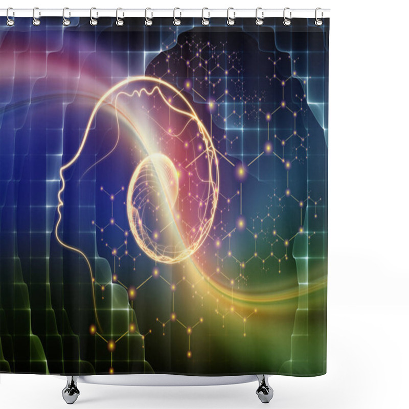 Personality  Out Of Your Mind Science Series. Spiral Of Human Silhouette Face Line And Abstract Elements On The Subject Of Consciousness, The Mind, Artificial Intelligence And Technology Shower Curtains
