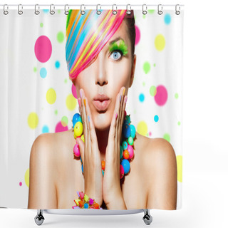 Personality  Beauty Girl Portrait With Colorful Makeup, Hair And Accessories Shower Curtains