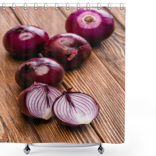 Personality  Cut And Whole Red Onion On Wooden Table Shower Curtains