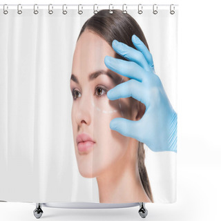 Personality  Doctor Touching Face Of Young Woman With Dotted Line For Plastic Surgery Isolated On White Shower Curtains