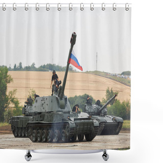 Personality  SAMBEK, ROSTOV REGION, RUSSIA, JUNE 28, 2019: International Military Technical Forum ARMY-2019. Crew Of Tank Get Inside The Self-propelled Howitzer 2S3M Akatsiya Shower Curtains