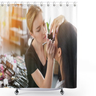 Personality  Side View Of Focused Makeup Artist Applying Eye Shadows On Womans Eyelid Shower Curtains