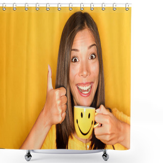 Personality  Woman Drinking Coffee Happy Thumbs Up Shower Curtains