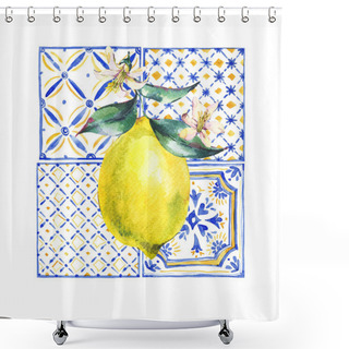 Personality  Watercolor Lemon Greeting Card, Vintage Summer Fruit Hand Drawn Yellow And Blue Ornament Illustration.  Shower Curtains