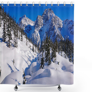 Personality  Scenic View Of A Pine Forest Covering The Hills Under The Rocky Mountains Shower Curtains