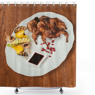 Personality  Grilled Chicken Laying On Plate With Fried Vegetables On Skewer Near Saucer Over Wooden Surface  Shower Curtains
