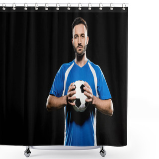Personality  Football Player Holding Ball In Hands Isolated On Black Shower Curtains