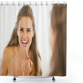Personality  Happy Young Woman Applying Lip Gloss In Bathroom Shower Curtains