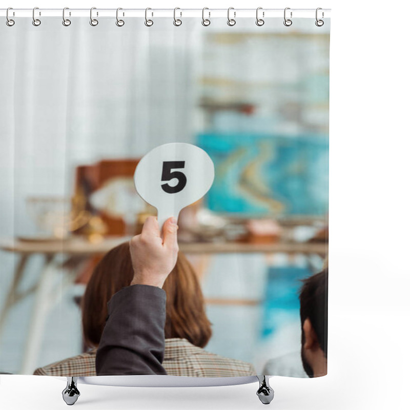 Personality  Cropped View Of Buyer Showing Auction Paddle With Number Five During Auction Shower Curtains