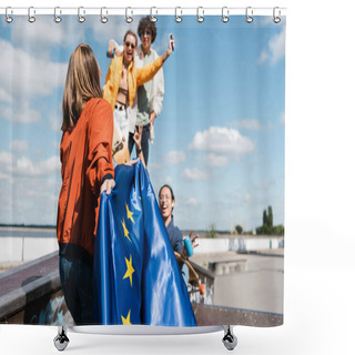 Personality  Young Woman Holding Eu Flag Near Blurred Multicultural Friends Outdoors Shower Curtains