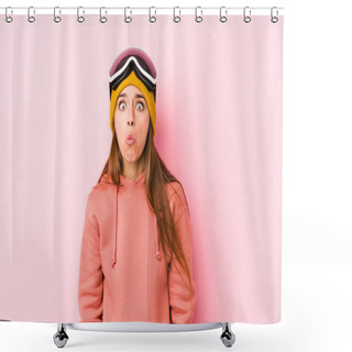 Personality  Young Caucasian Woman Wearing A Ski Clothes Isolated Shrugs Shoulders And Open Eyes Confused. Shower Curtains