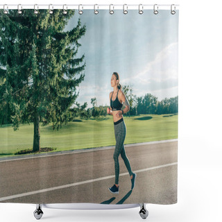 Personality  Sportive Running Woman In Earphones Shower Curtains