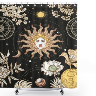 Personality  Space Background. Sample For Poster, Flyer, Tarot Cards. The Face Of The Sun, Planets, Flowers. Shower Curtains
