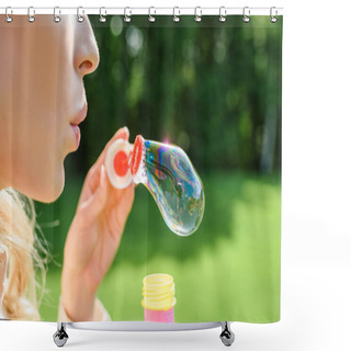 Personality  Cropped Shot Of Young Woman Blowing Soap Bubbles In Park Shower Curtains