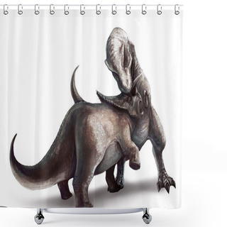 Personality  An Illustration Drawing Of Two Dinosaurs Battle. Tyrannosaurus Rex Fighting A Triceratops Shower Curtains