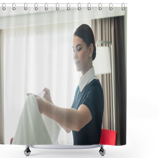 Personality  Young Chambermaid In Uniform Changing Bedding In Hotel Room  Shower Curtains