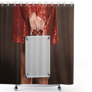 Personality  Cropped Image Of Girl In Red Shiny Dress Holding Money Box Isolated On Black Shower Curtains