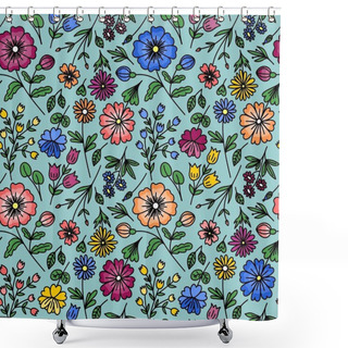 Personality  BLUE SEAMLESS PATTERN WITH WILD FLOWERS IN VECTOR Shower Curtains