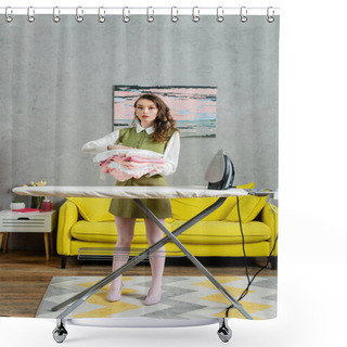 Personality  Housework Concept, Beautiful Young Woman With Wavy Hair Holding Stack Of Clean Clothes, Housewife Doing Her Daily Duties, Lifestyle, Domestic Chores, Laundry Day, Home Tasks, Tidy Lifestyle  Shower Curtains